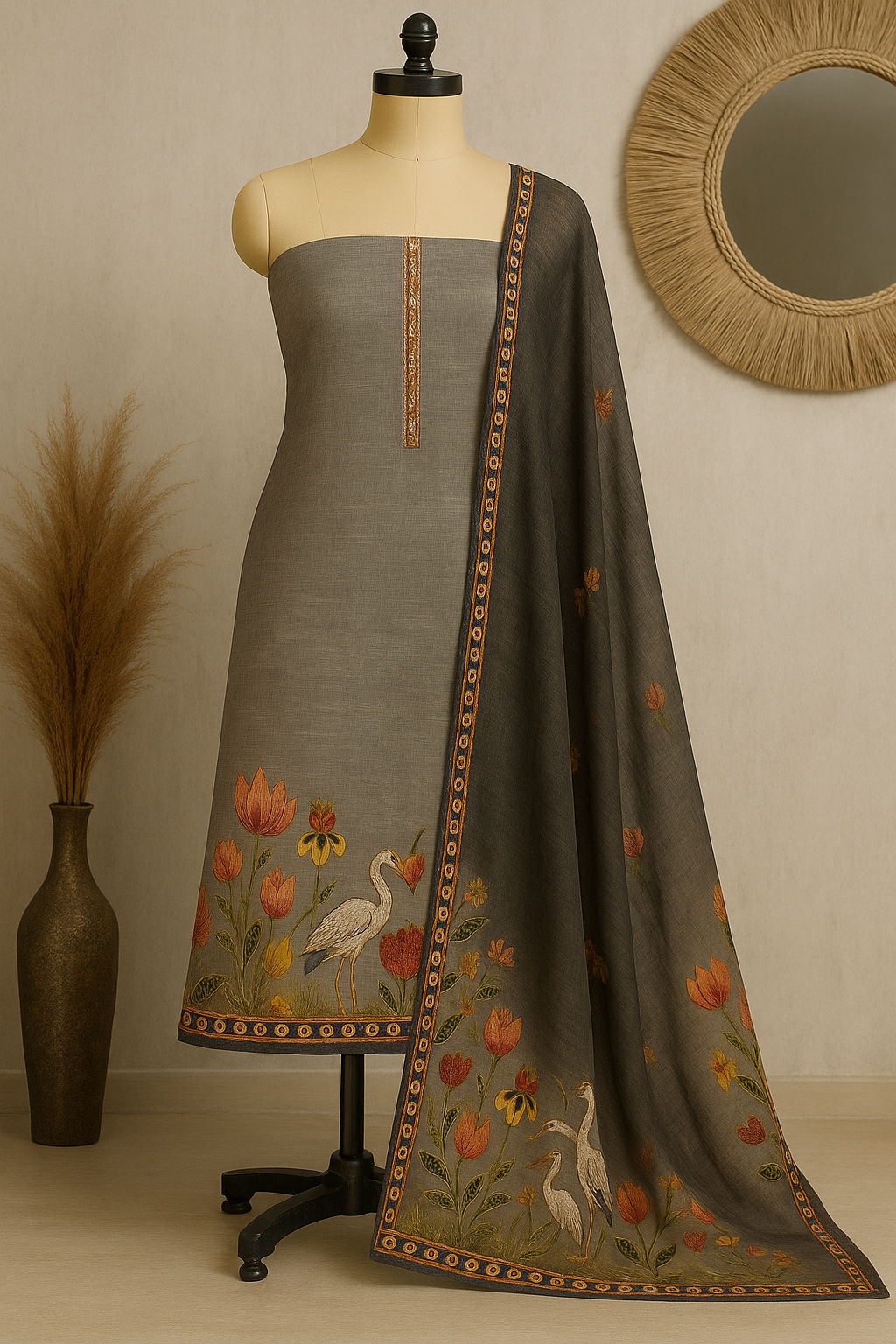 Blush Dusk - Kantha Work Flamingo Print Jamdani Linen