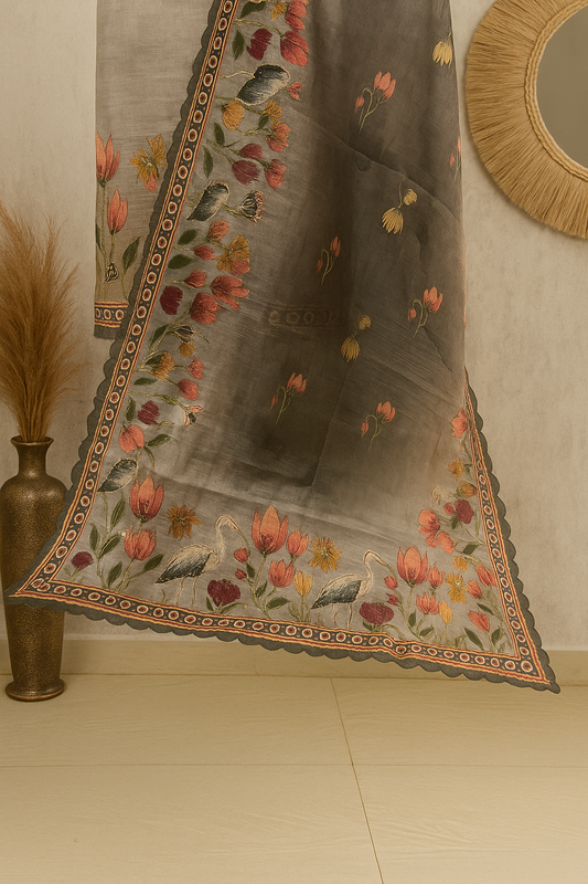 Blush Dusk - Kantha Work Flamingo Print Jamdani Linen