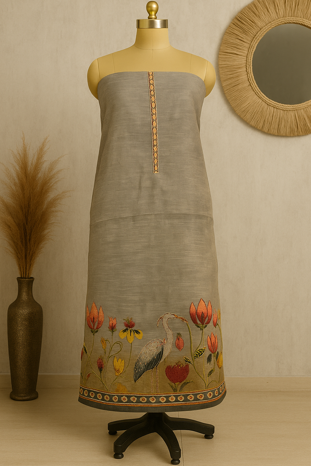 Blush Dusk - Kantha Work Flamingo Print Jamdani Linen