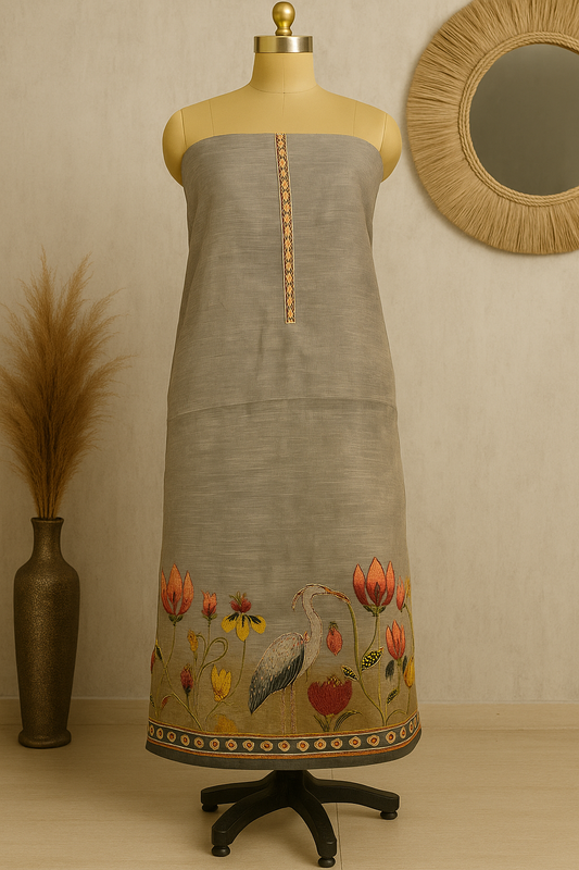 Blush Dusk - Kantha Work Flamingo Print Jamdani Linen