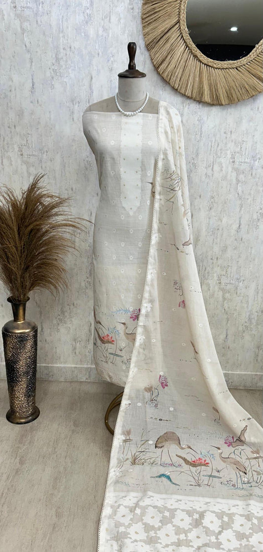 Ivory Meadow - Crane Themed Digital Print Jamdani Linen