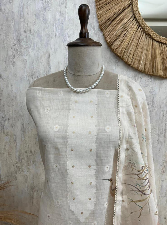 Ivory Meadow - Crane Themed Digital Print Jamdani Linen