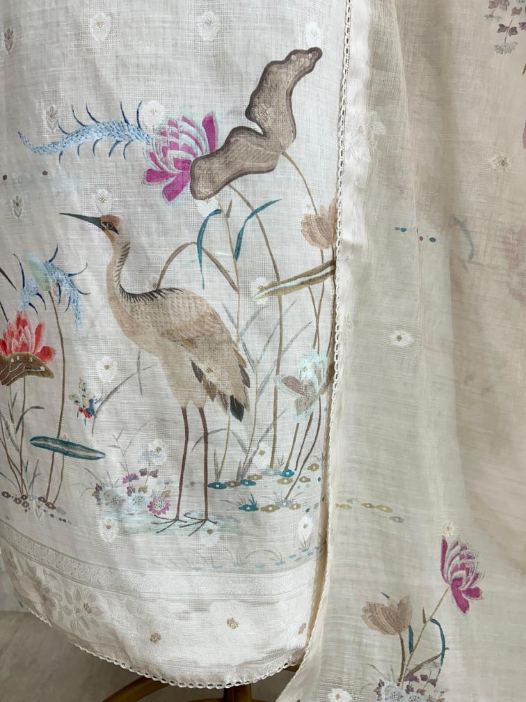 Ivory Meadow - Crane Themed Digital Print Jamdani Linen