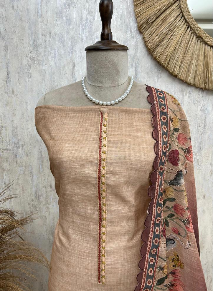 Roselle Dusk - Kantha Work Flamingo Print Jamdani Linen