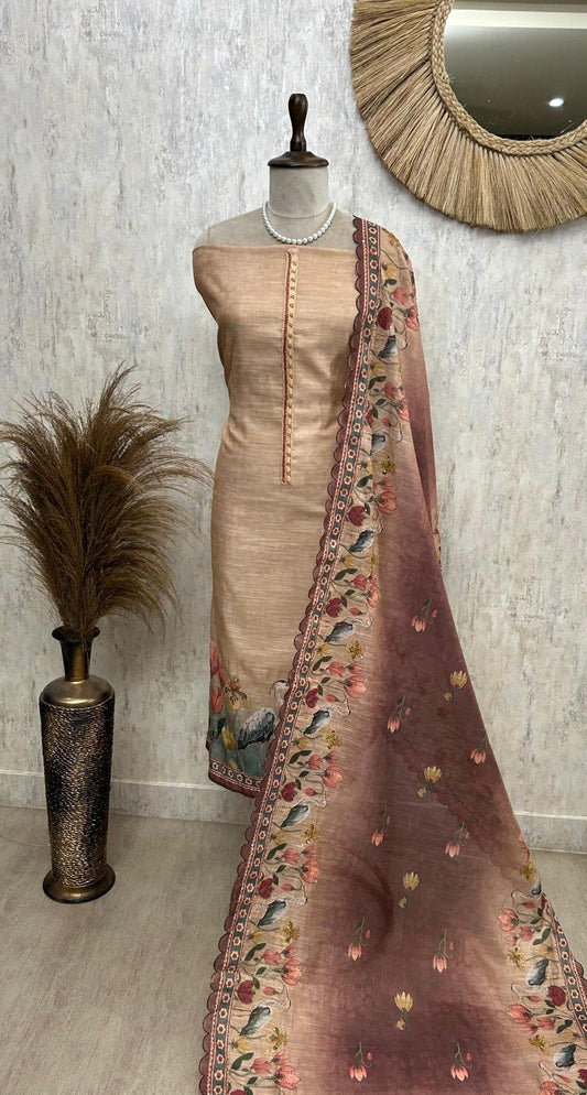 Roselle Dusk - Kantha Work Flamingo Print Jamdani Linen