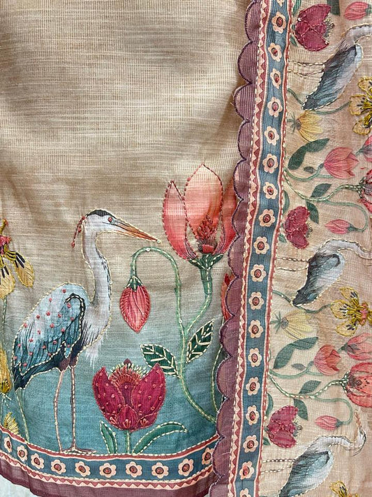 Roselle Dusk - Kantha Work Flamingo Print Jamdani Linen